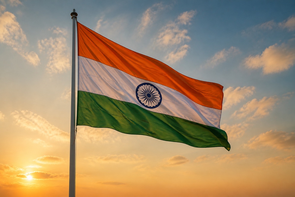 The Indian national flag waving against a golden morning sky — Happy 80th Independence Day from Qwikyo